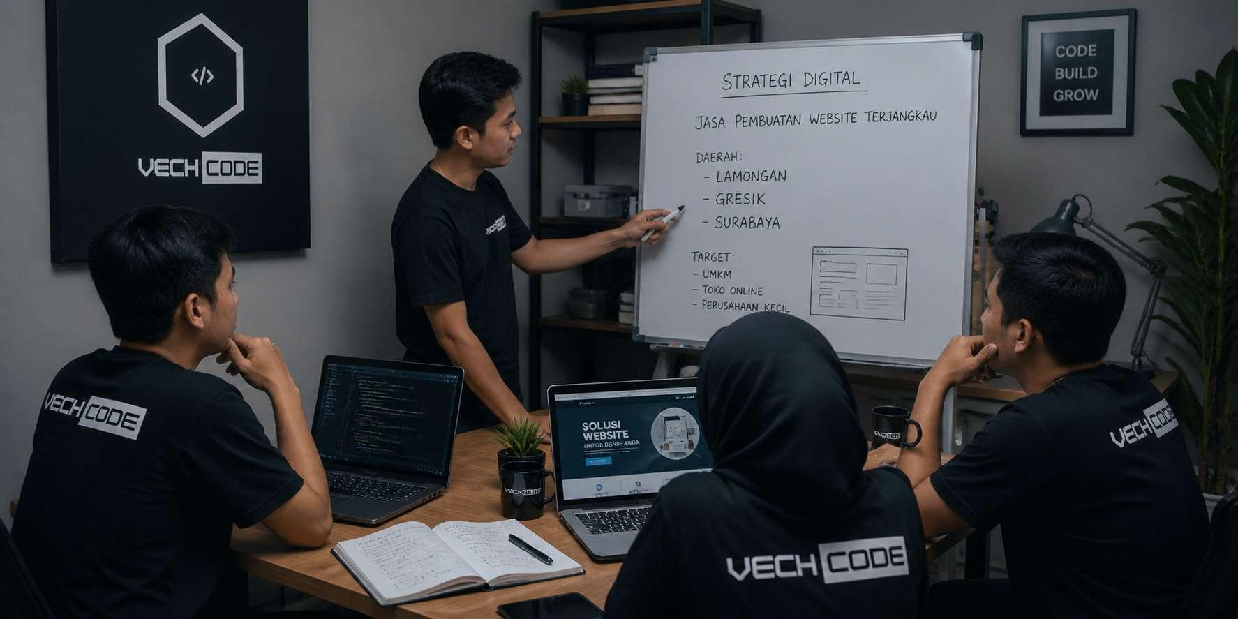 Tim Vechcode merancang strategi digital sebagai jasa pembuatan website terjangkau untuk bisnis lokal di Lamongan, Gresik, Surabaya